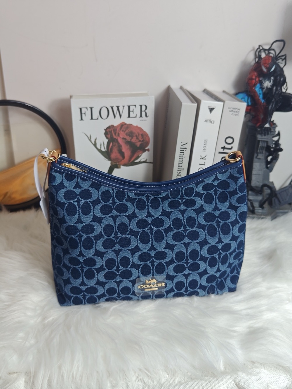 COACH Navy Signature Jacquard Shoulder Pouch with Gold Hardware